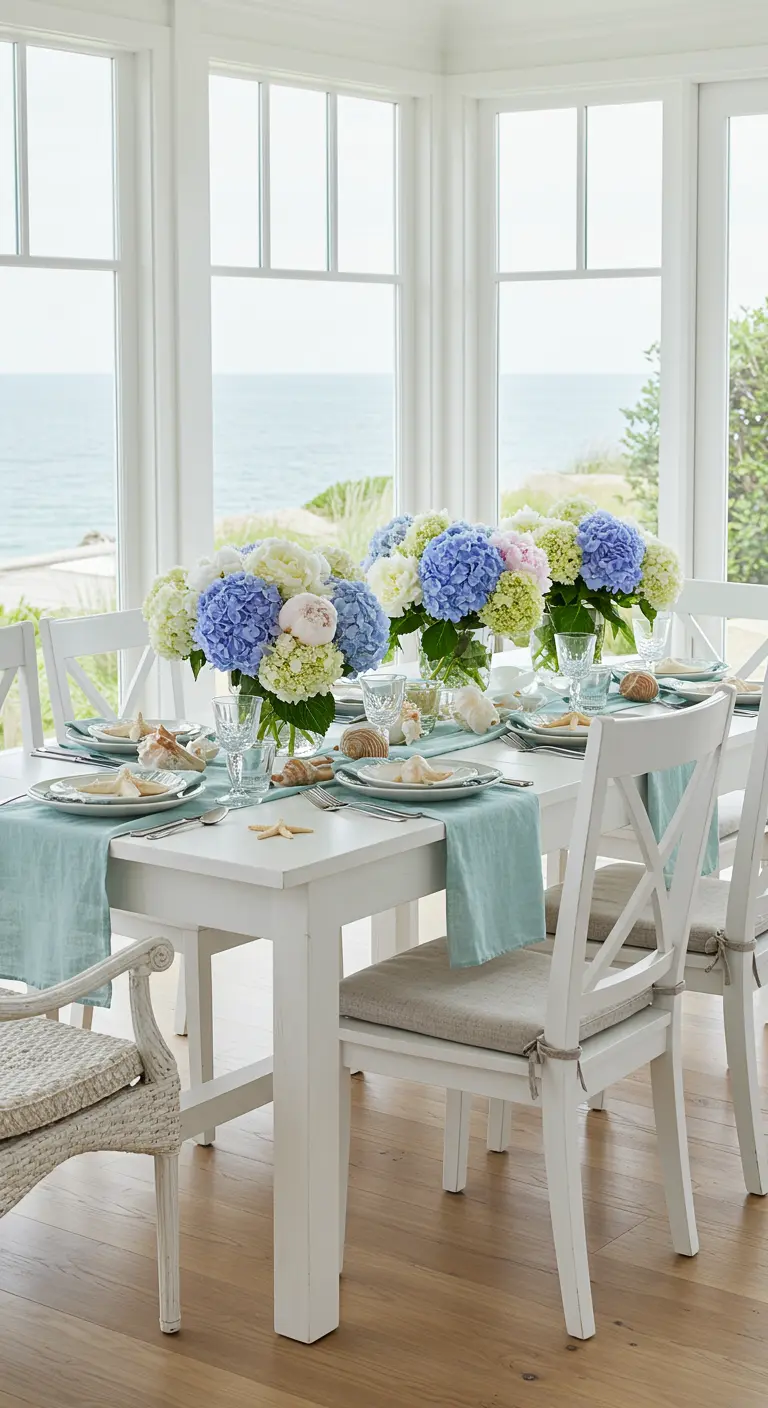 Salle à manger lumineuse face à la mer, table blanche, chemin de table bleu, hortensias pastel.