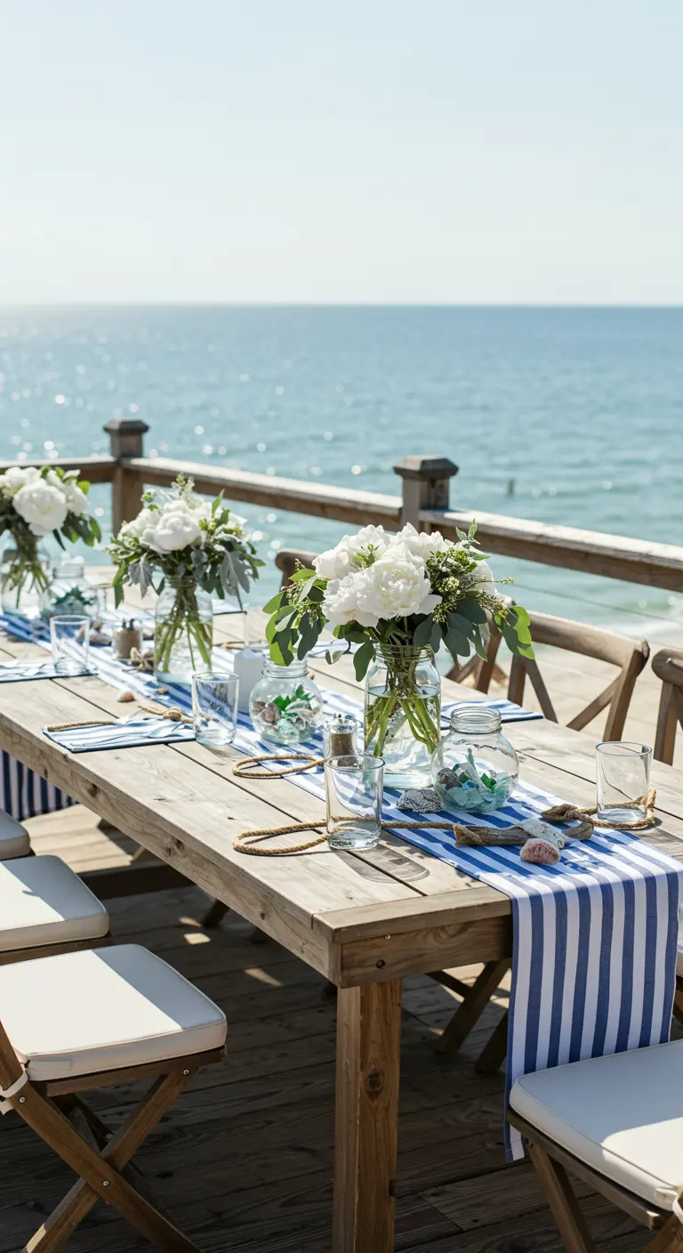 Table de mariage sur un ponton en bois avec chemin de table rayé bleu et blanc, pivoines blanches, coquillages.