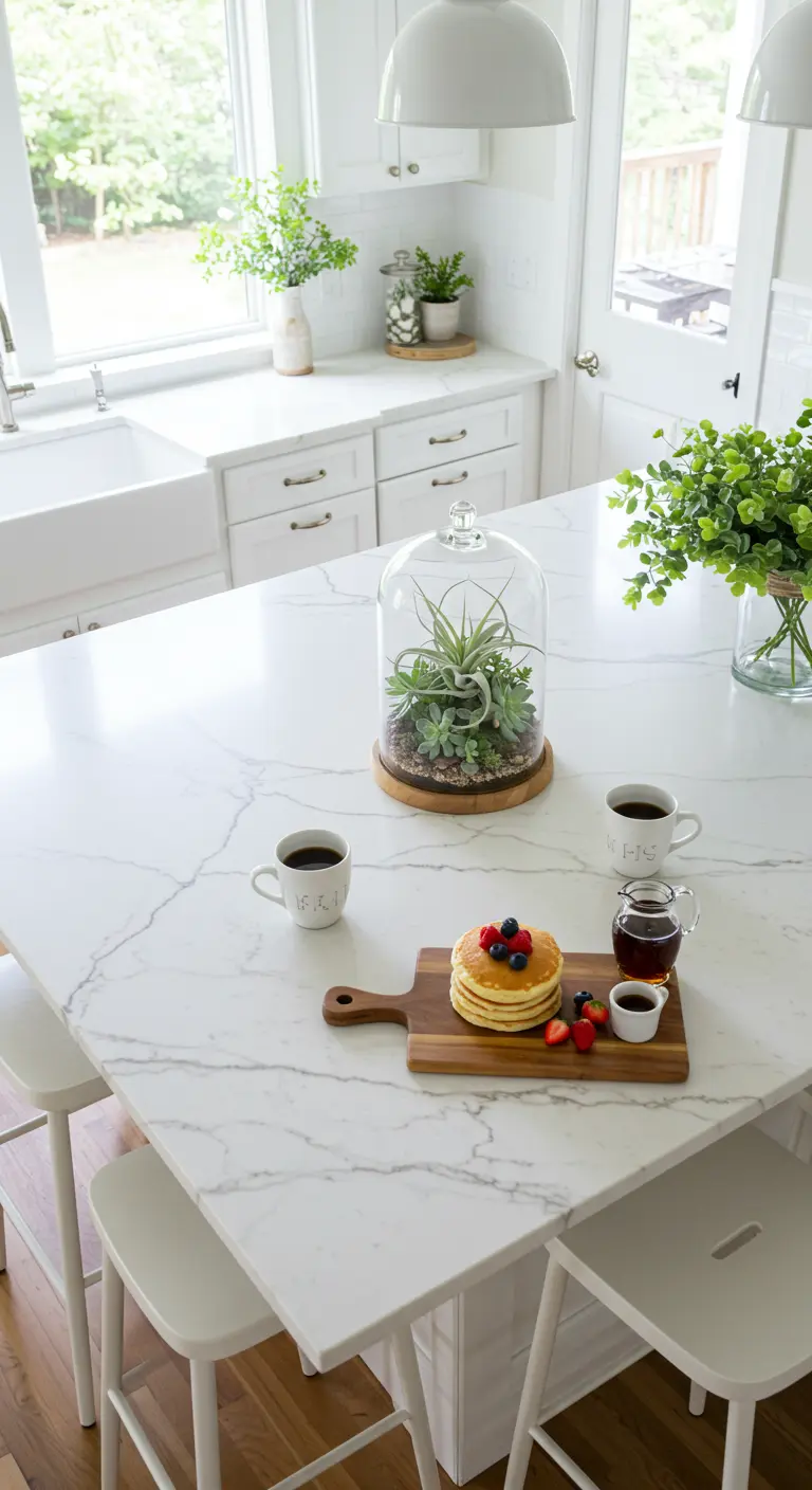 Îlot de cuisine blanc avec terrarium, pancakes et tasses, ambiance lumineuse.