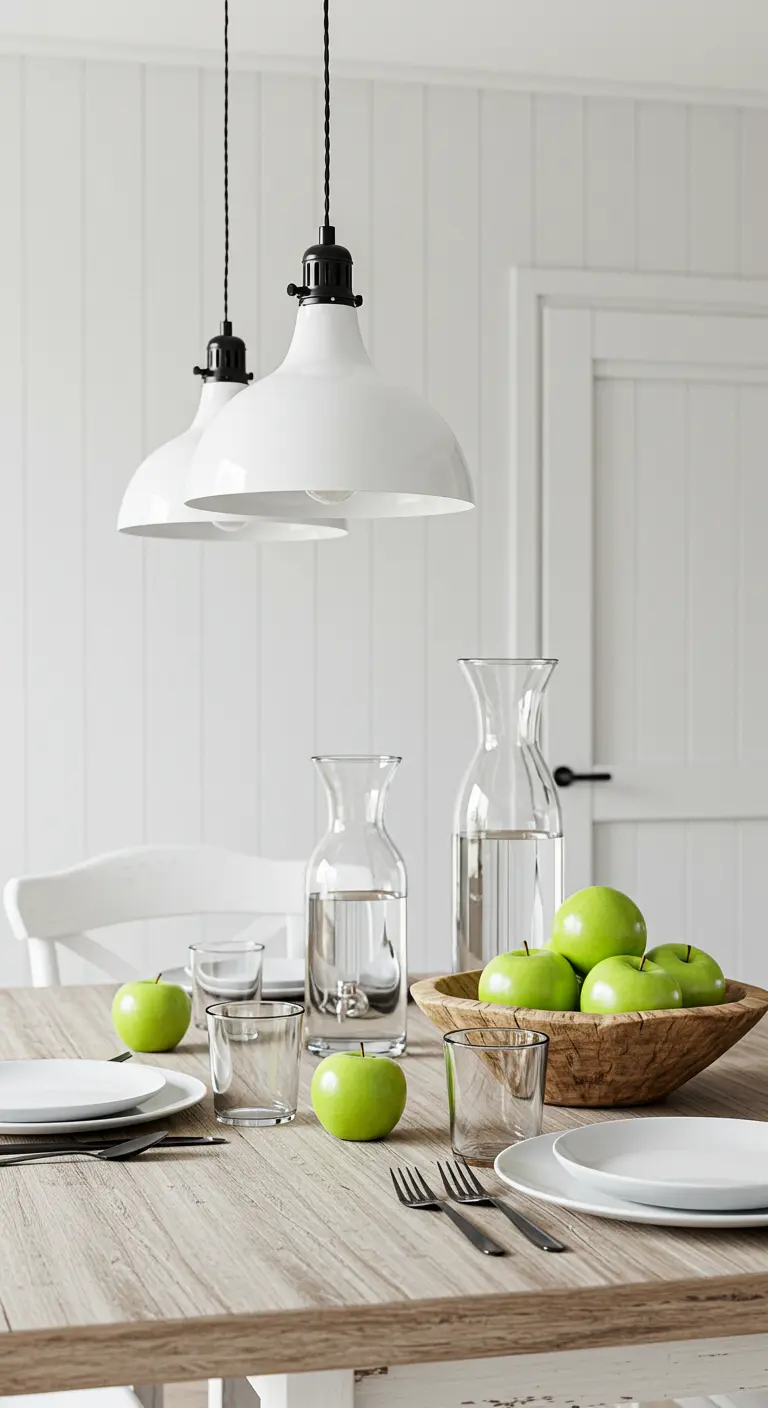 Table en bois clair sous des suspensions blanches, avec des pommes vertes.