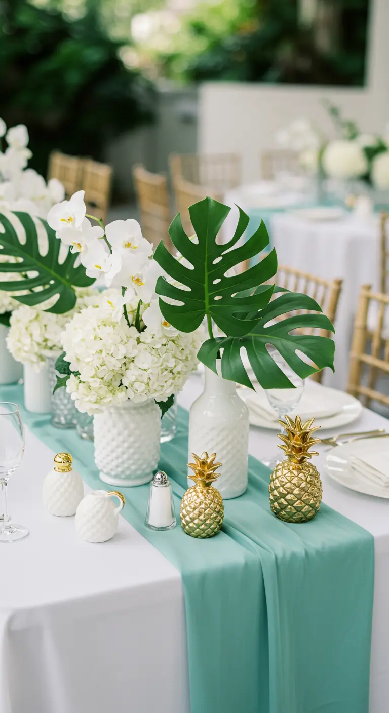 Table de mariage élégante avec chemin de table vert d'eau et mini-ananas dorés.