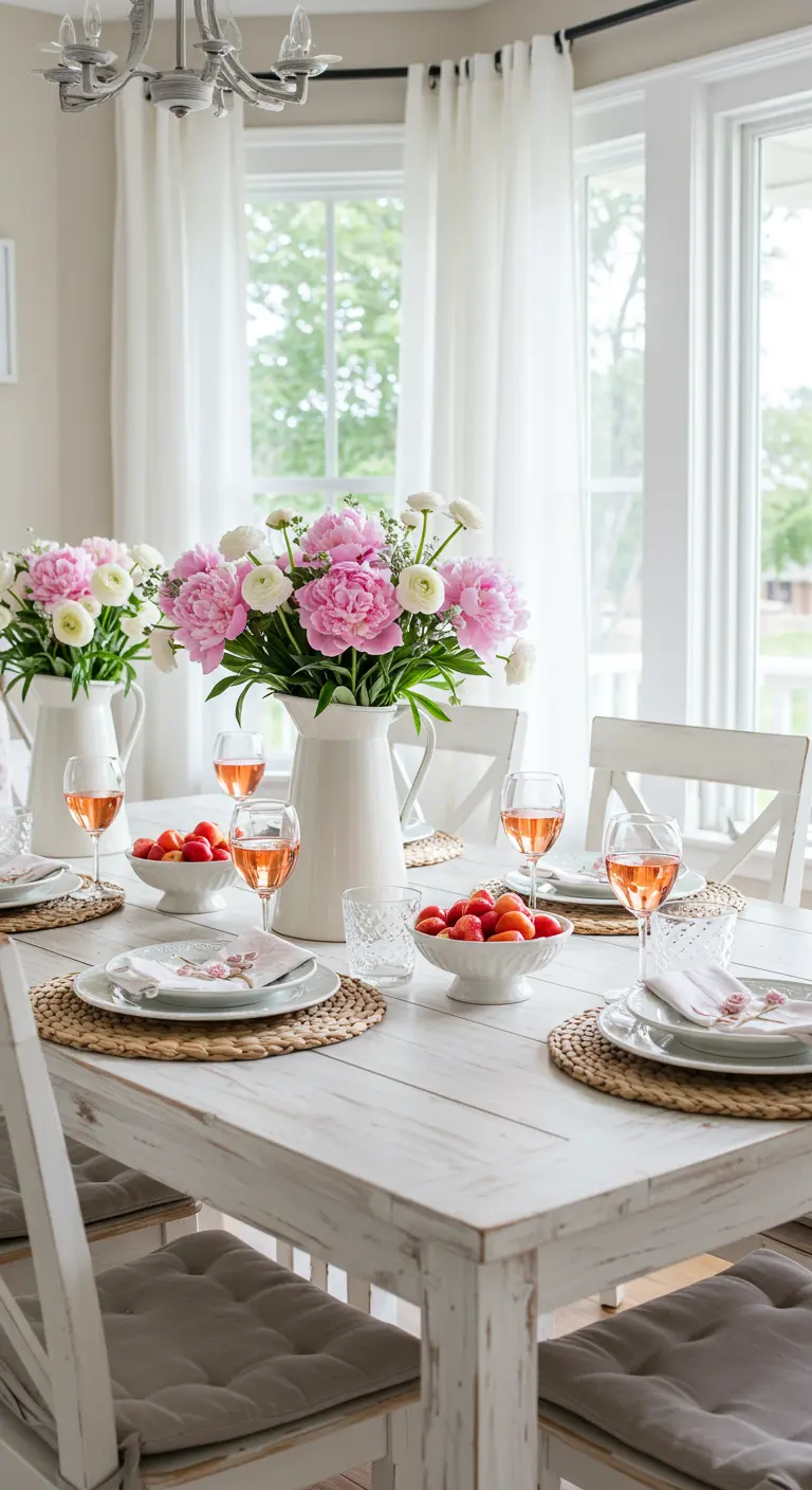 Table lumineuse dressée avec des pivoines roses dans des pichets en céramique blanche.