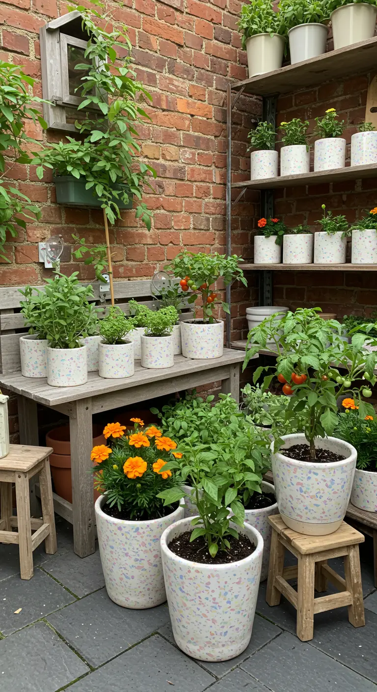 Coin potager avec des pots blancs à motifs colorés, contenant des herbes, des tomates cerises et des œillets d'Inde.