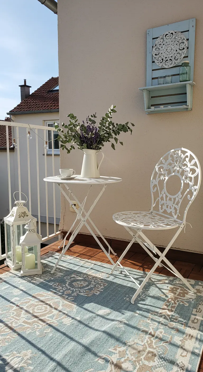 Balcon lumineux avec mobilier blanc, pichet de lavande et eucalyptus, lanternes blanches et tapis bleu clair à motifs.