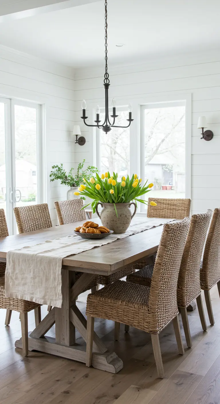 Chemin de table en lin brut sur une table en bois clair avec un vase de tulipes jaunes.