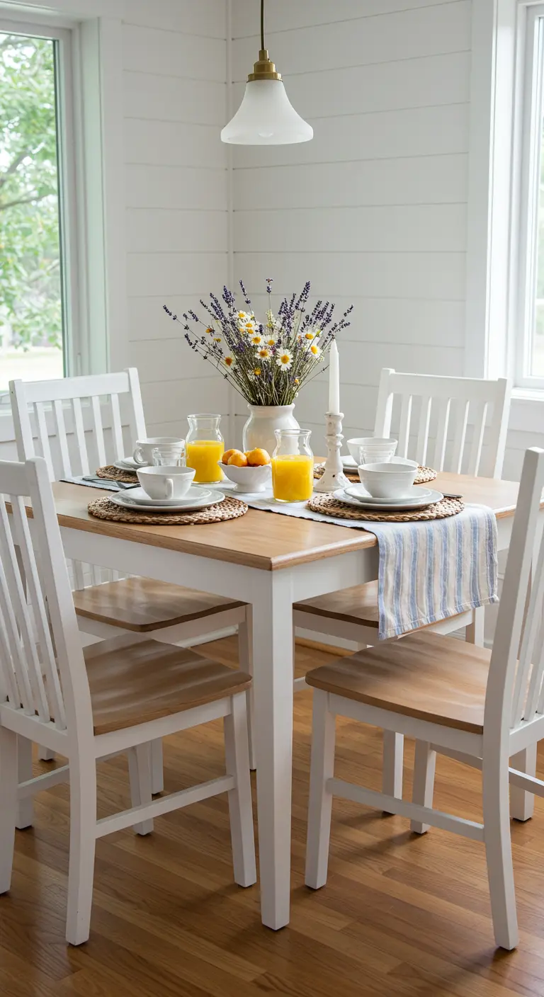 Table en bois et blanc avec chemin de table rayé, bouquet de lavande et camomille, et vaisselle blanche.