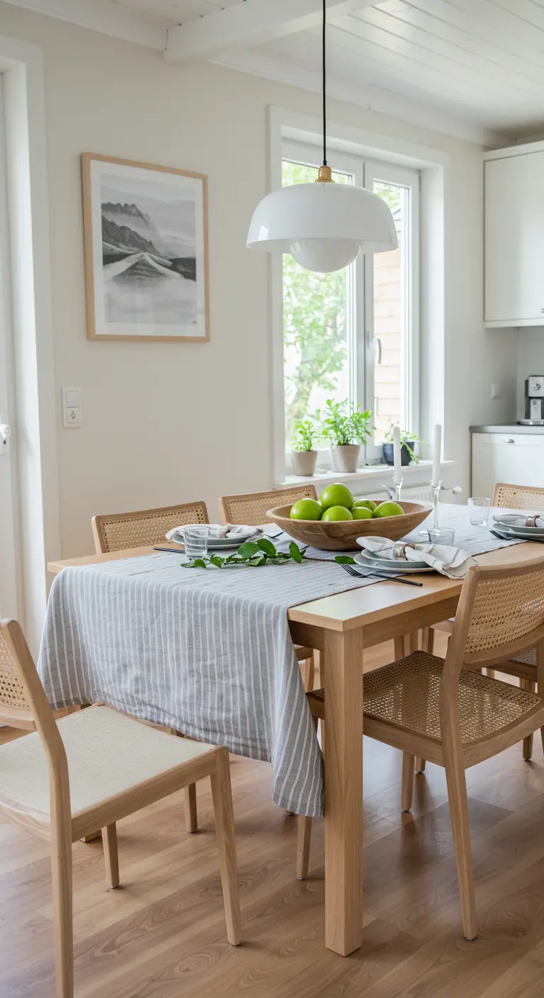 Table à manger en bois clair avec nappe rayée grise et bol de pommes vertes.