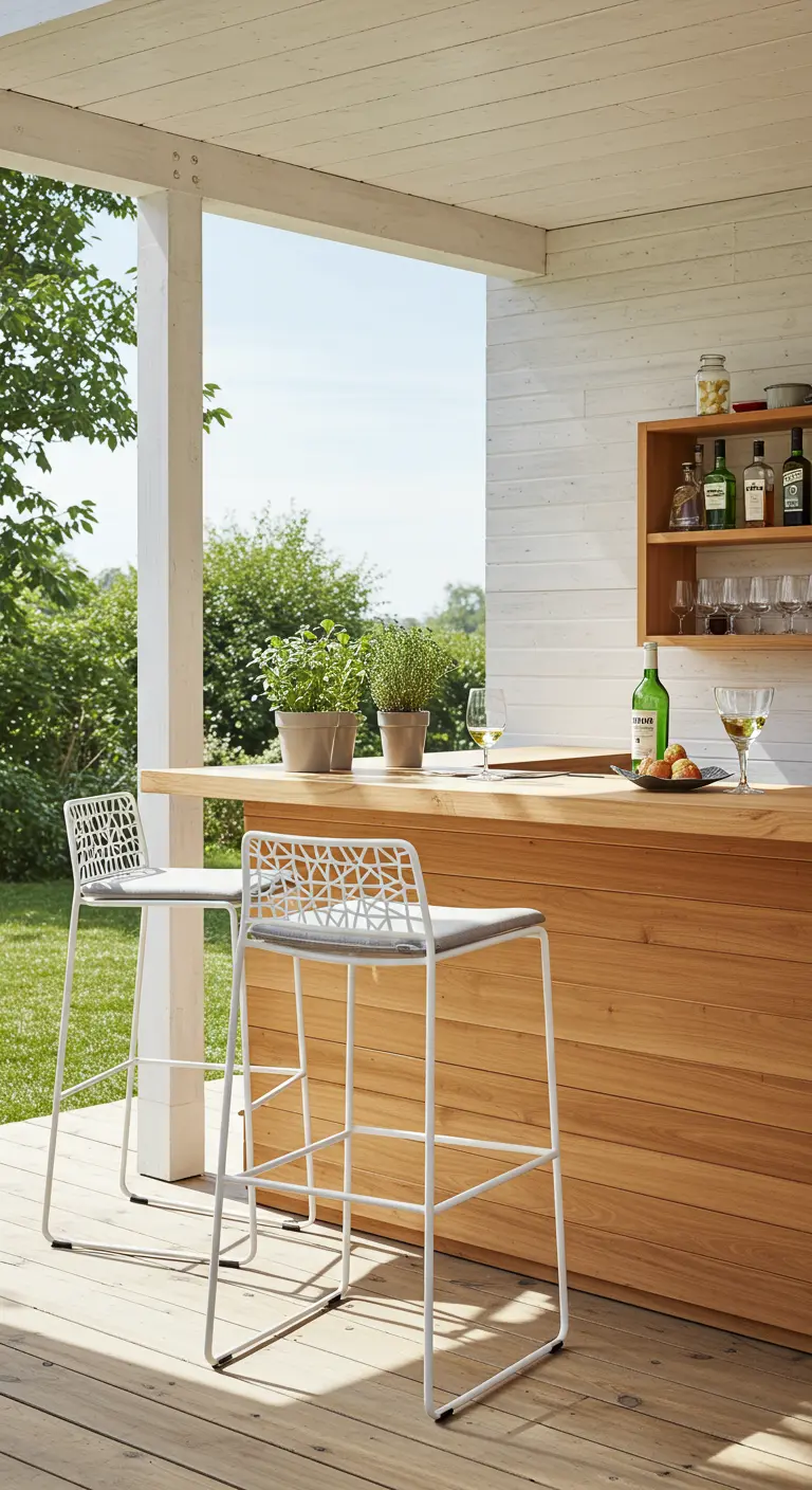 Bar en bois clair sur une terrasse avec des tabourets blancs au design ajouré.