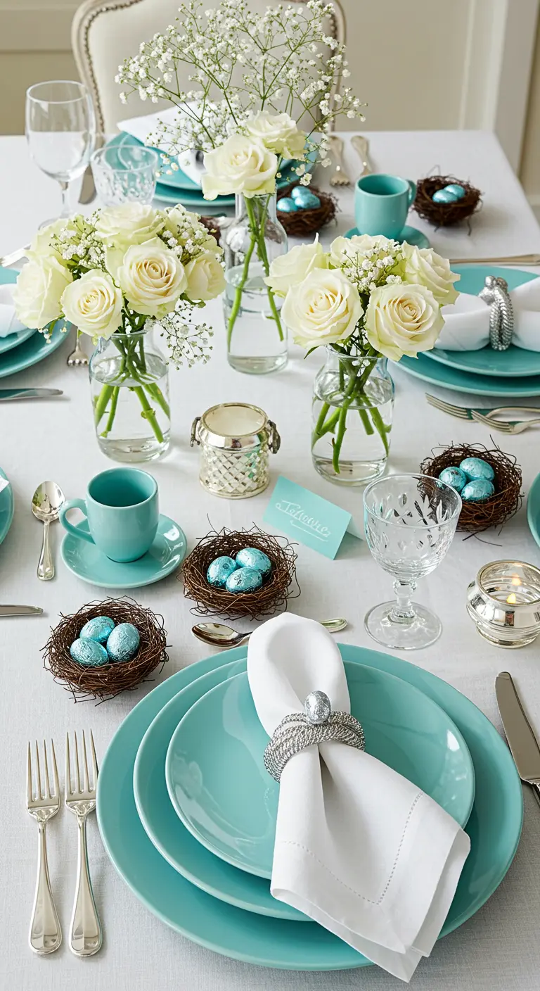 Table de Pâques très chic en bleu Tiffany et blanc, avec des roses et des détails argentés.