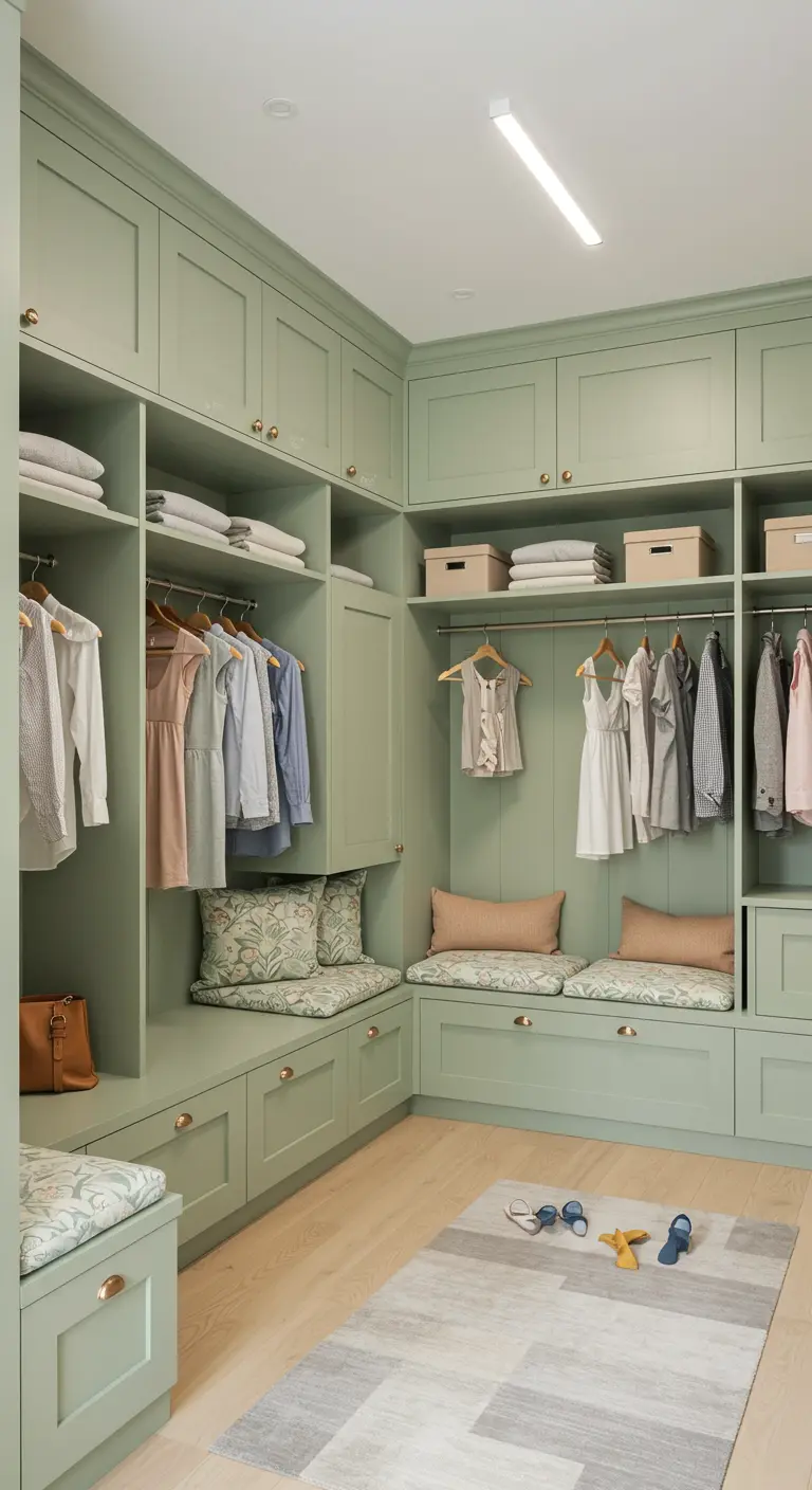 Dressing vert menthe avec banquettes intégrées et coussins à motifs.