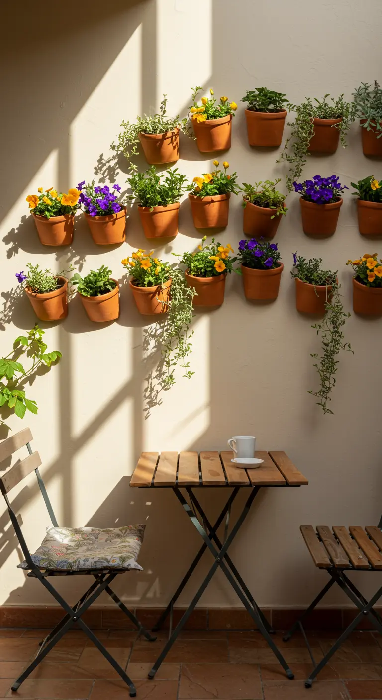 Un mur ensoleillé décoré de nombreux petits pots en terre cuite contenant des fleurs jaunes et violettes.