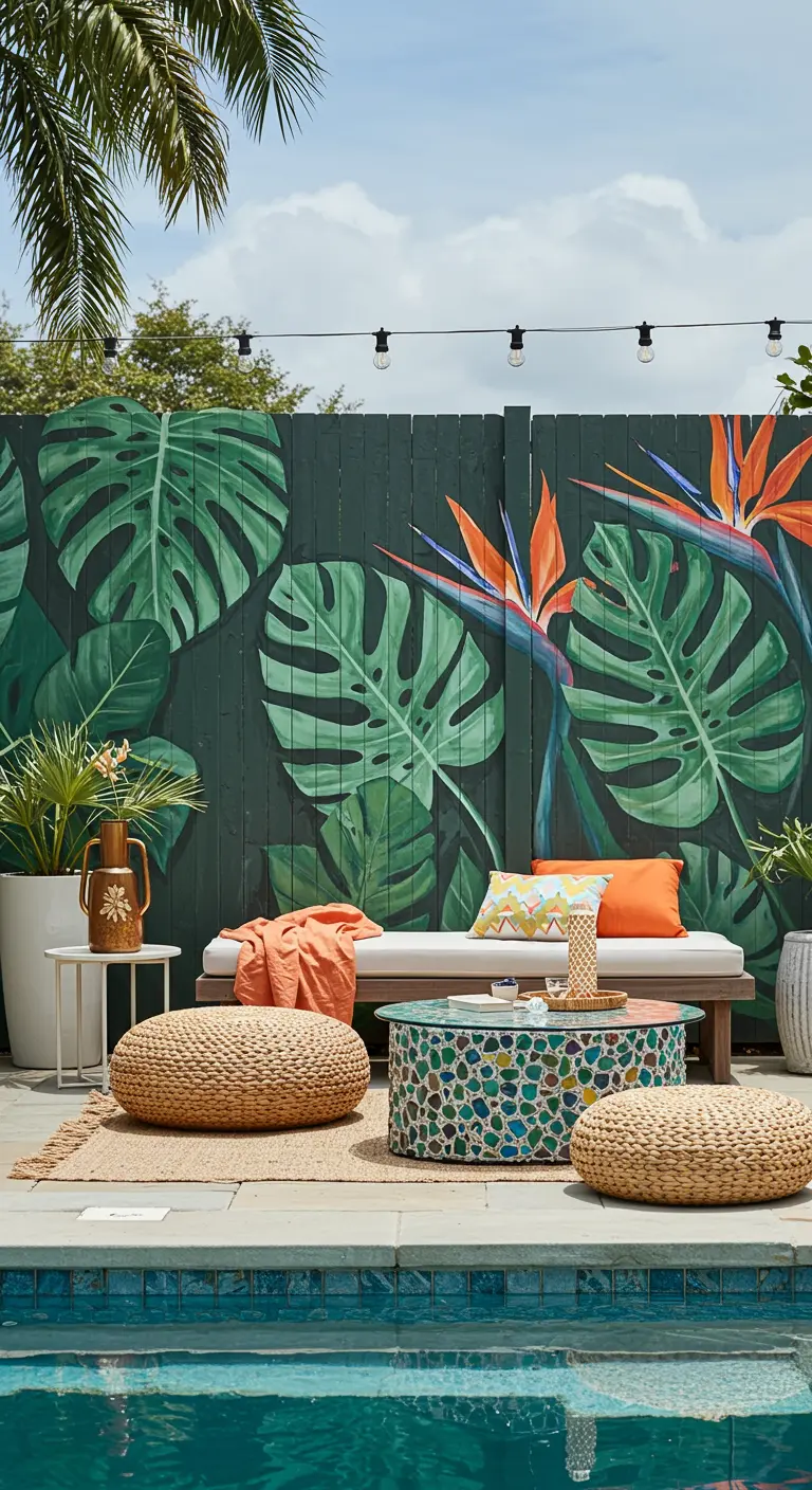 Clôture en bois peinte avec une grande fresque de feuilles tropicales et de fleurs.