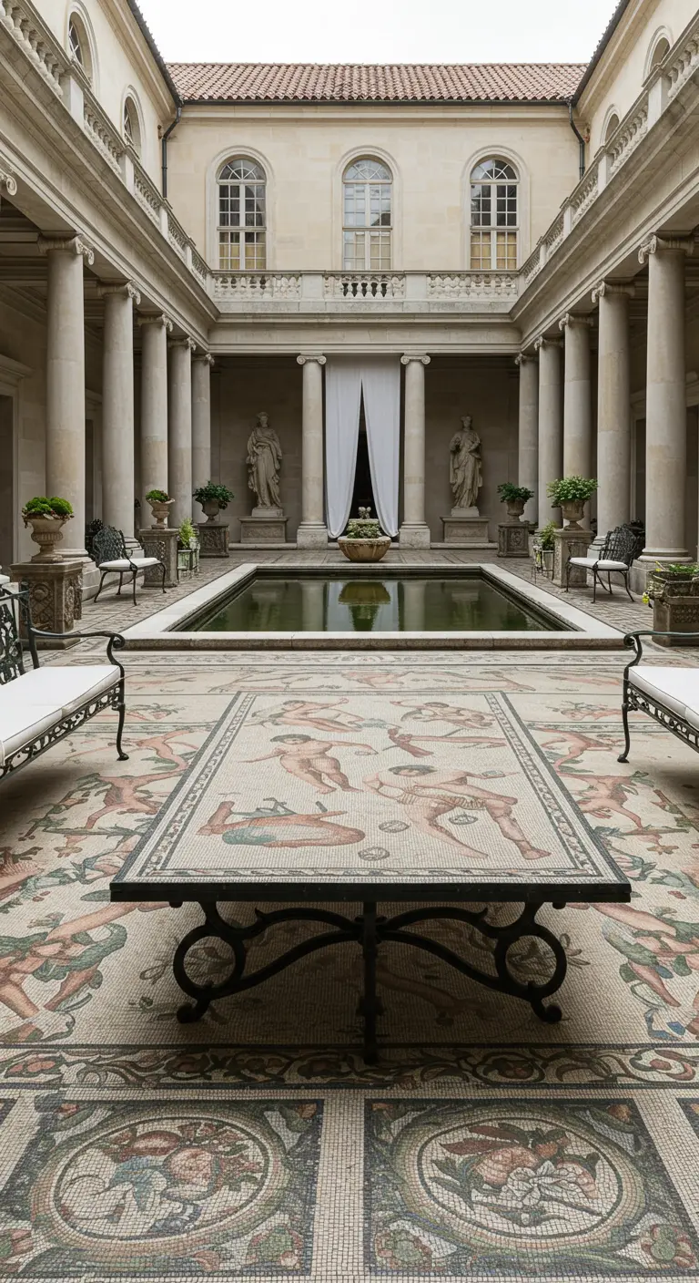 Grande table rectangulaire en mosaïque figurative dans une cour classique.