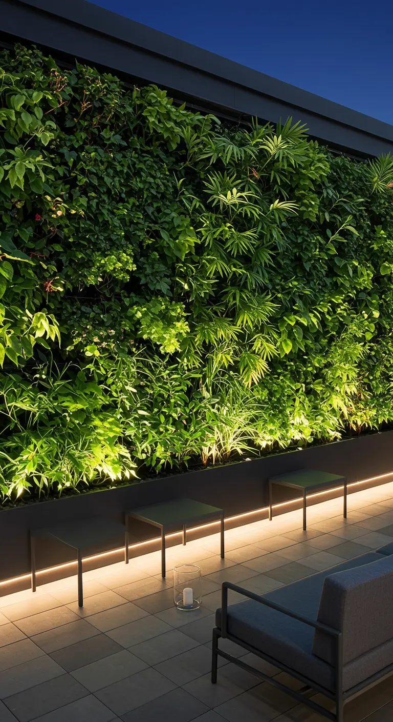 Grand mur végétal luxuriant illuminé par des lumières LED intégrées au sol la nuit.