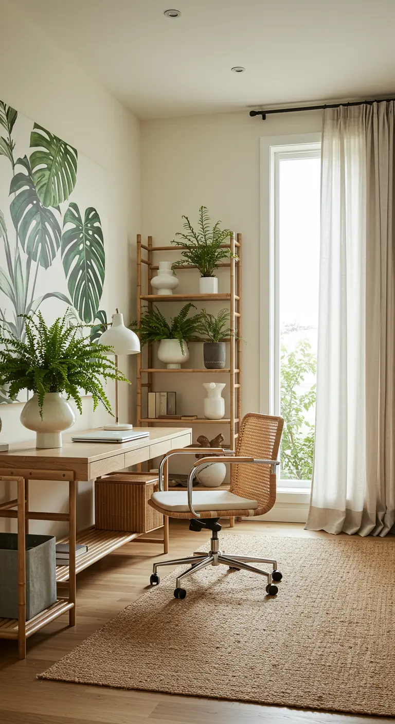Bureau lumineux avec fresque murale Monstera, mobilier en bois clair et plantes vertes.