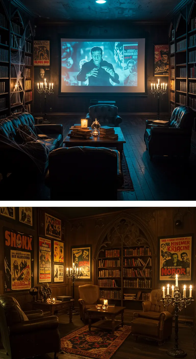 Projection d'un film d'horreur dans une pièce sombre aux allures de bibliothèque gothique.