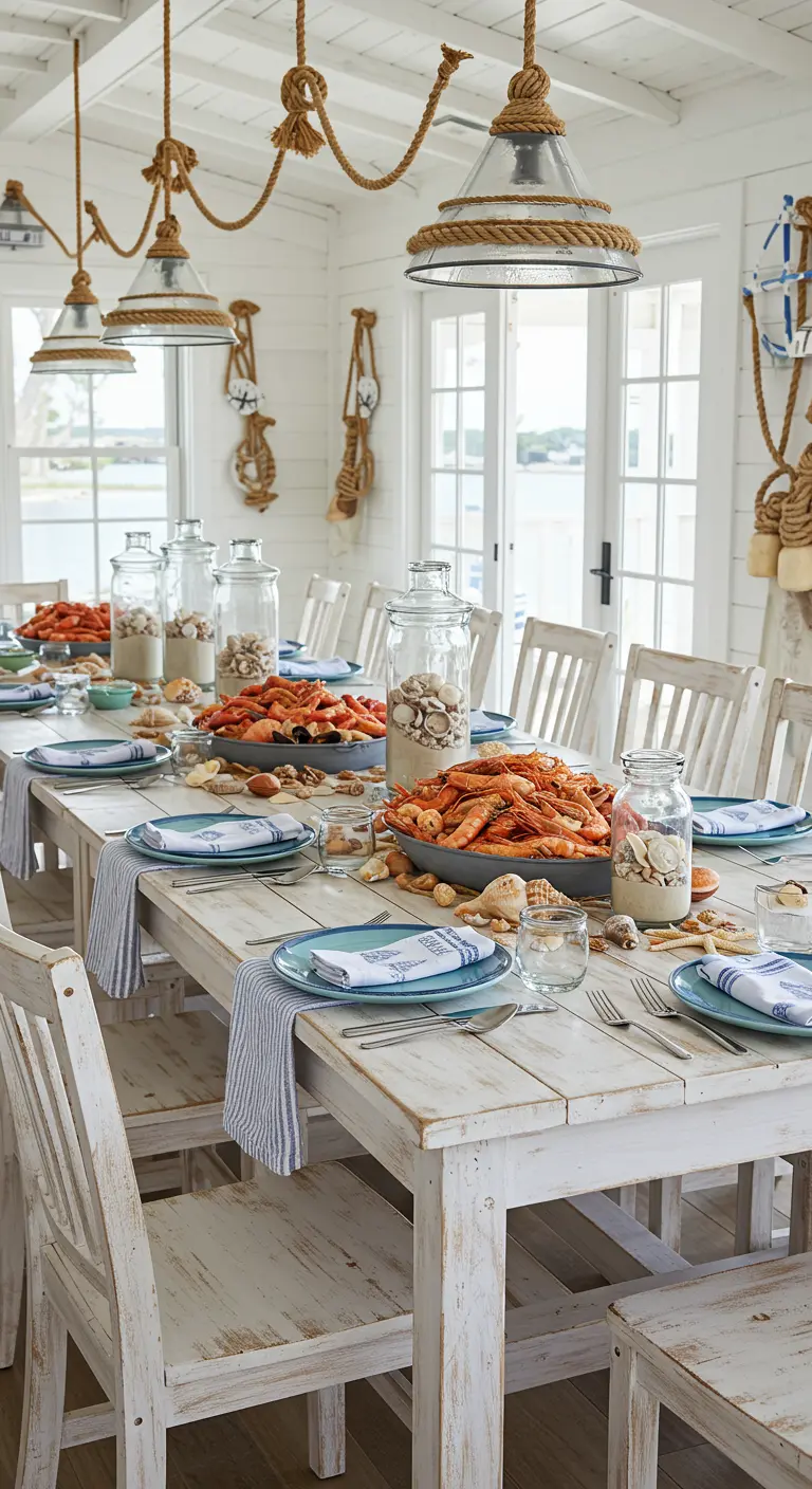 Grande table de repas de style côtier avec des bols de crevettes et des bocaux de coquillages en centre.