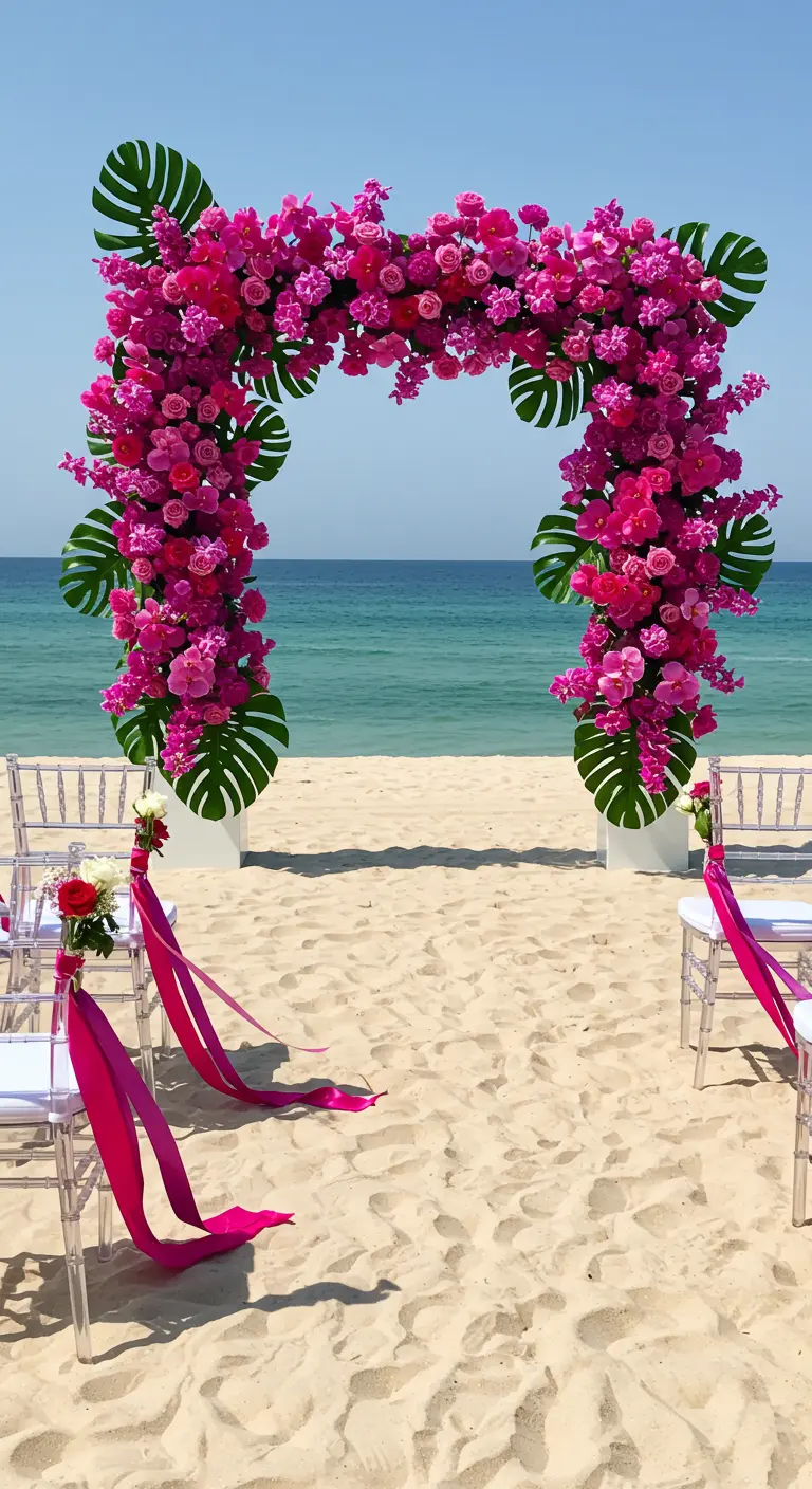 Arche florale fuchsia et monstera, rubans fuchsia sur chaises, plage de sable blanc.