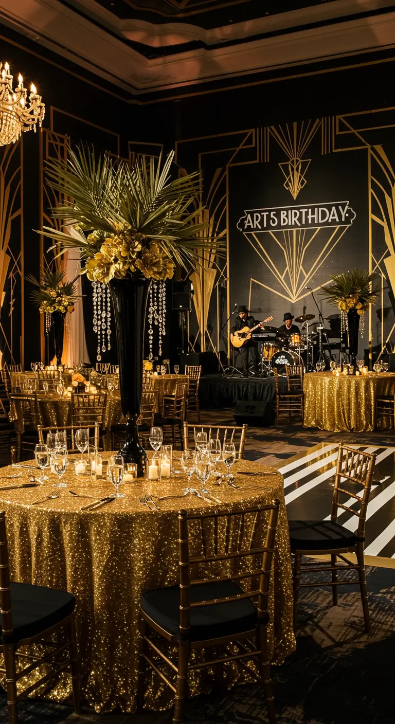 Tables de réception avec des nappes à sequins dorés et des centres de table hauts.