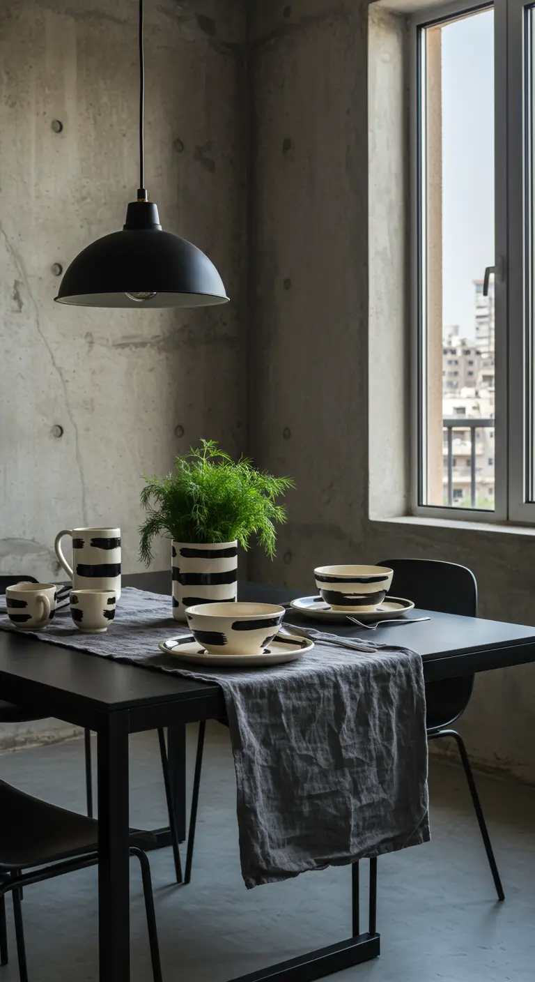 Table noire dans un décor industriel avec de la vaisselle rayée.