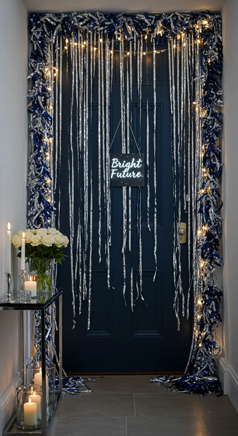 Porte bleue foncée avec rideau de franges argentées, guirlandes bleues/argentées et néon