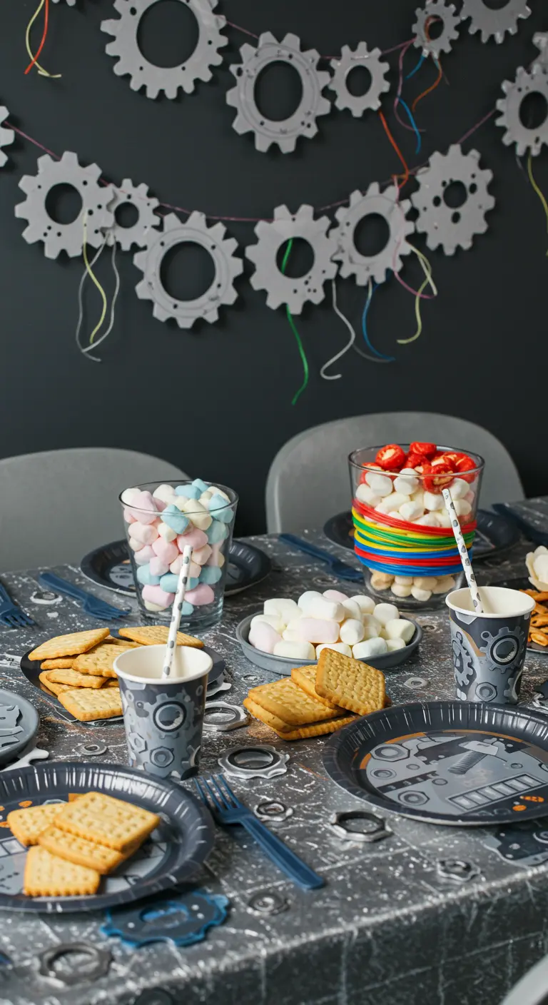 Table de fête sur le thème des robots avec guirlande d'engrenages et vaisselle grise.