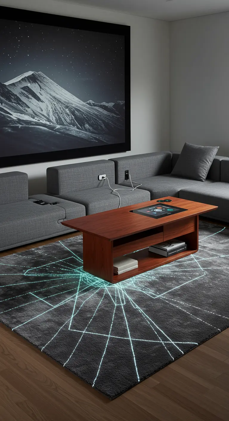 Salon high-tech avec canapé gris, tapis lumineux à LED et table basse avec écran intégré.