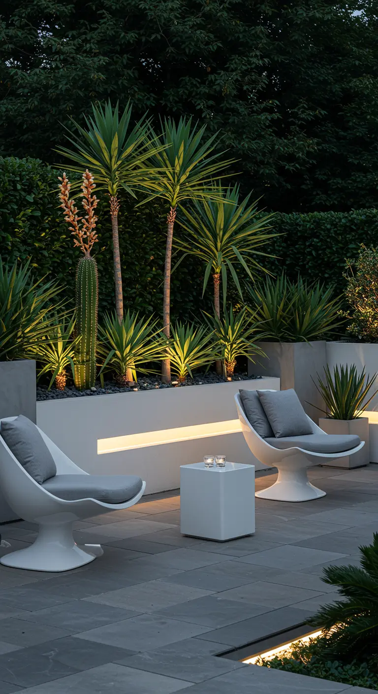 Deux chaises blanches futuristes sur une terrasse moderne avec plantes et éclairage intégré.