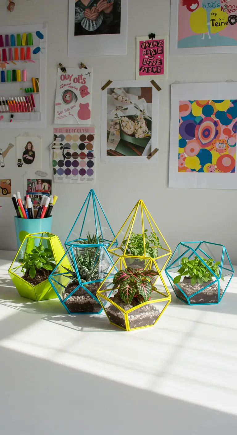 Terrariums géométriques aux armatures jaune et turquoise vifs, avec diverses plantes, sur un bureau.