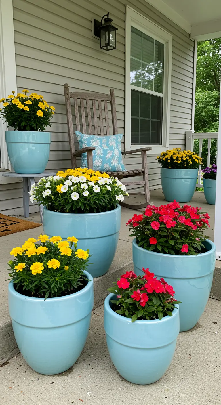 Pots bleu turquoise avec des fleurs jaunes, blanches et rouges sur un porche