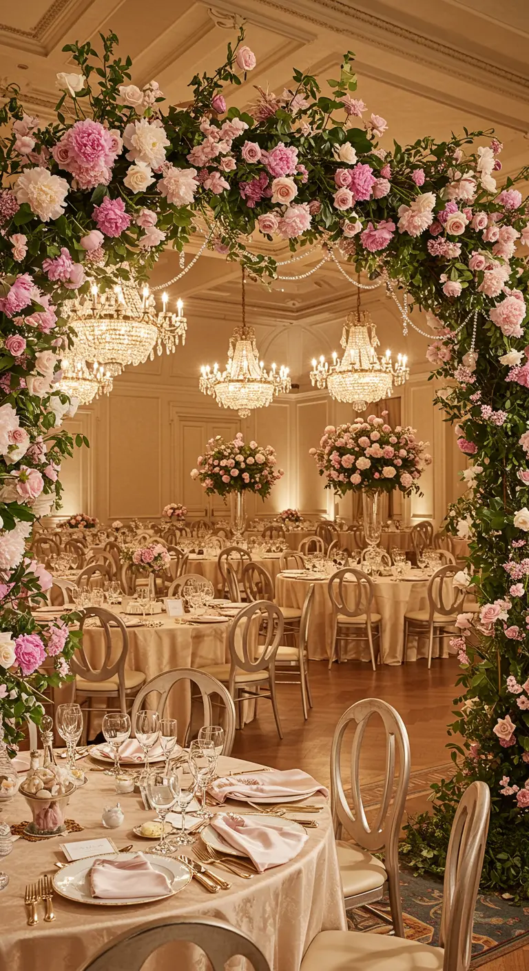 Salle de bal luxueuse avec des tables rondes sous des arches de roses et des lustres en cristal.