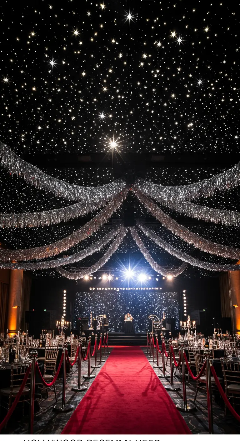 Décor de gala avec tapis rouge, guirlandes argentées et plafond étoilé.
