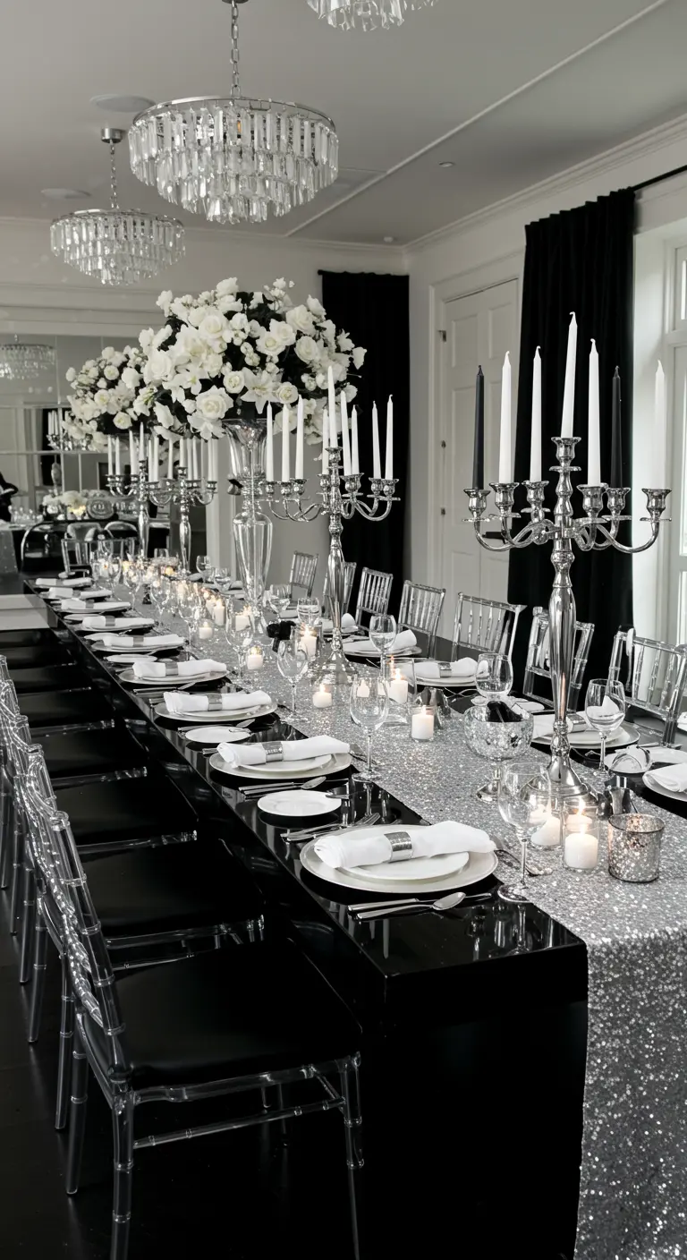 Longue table de banquet noire et argentée avec des candélabres et de grands bouquets de fleurs blanches.