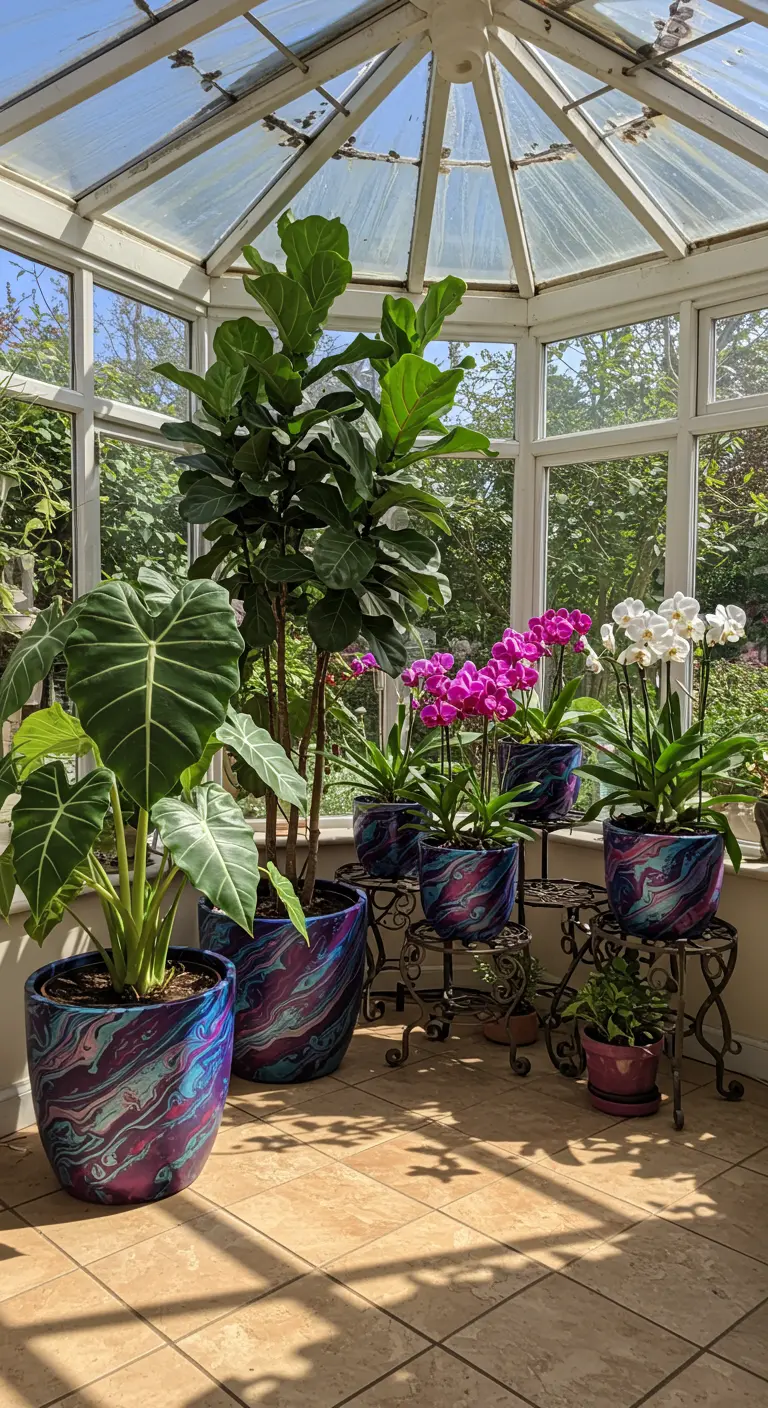 Pots marbrés violets et bleus vifs avec diverses plantes vertes et orchidées dans une véranda.