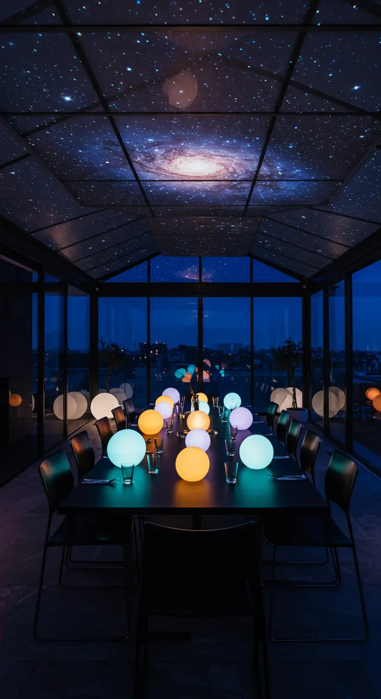 Longue table de dîner avec des sphères lumineuses colorées, sous un plafond projetant une galaxie.