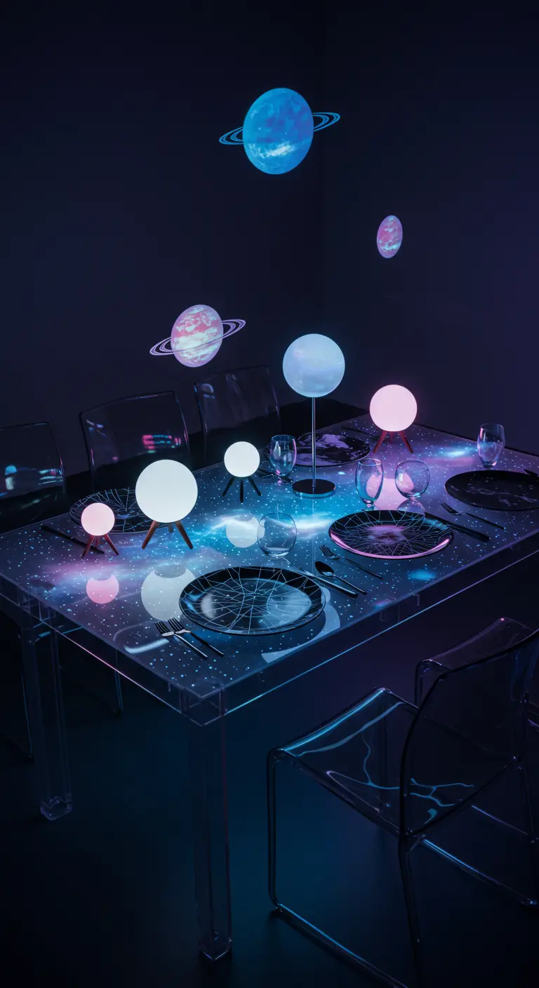 Table transparente projetant une galaxie, avec luminaires sphériques et vaisselle noire céleste, dans une pièce sombre.