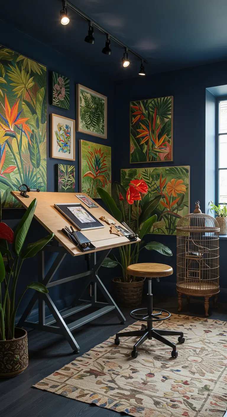 Bureau avec murs bleu marine, galerie d'art botanique colorée et grandes plantes tropicales.