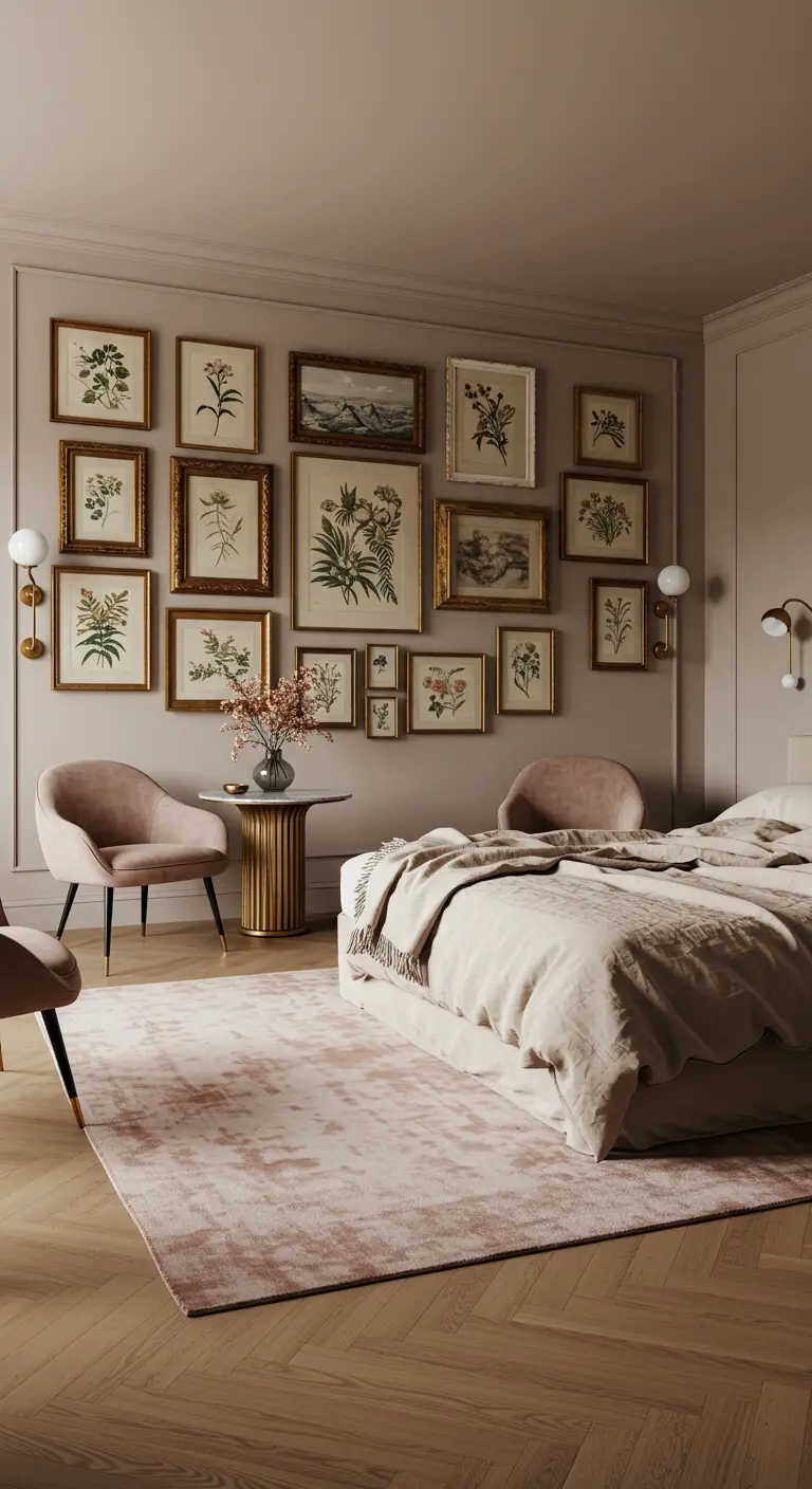 Galerie murale éclectique de cadres dorés et d'illustrations botaniques dans une chambre beige.