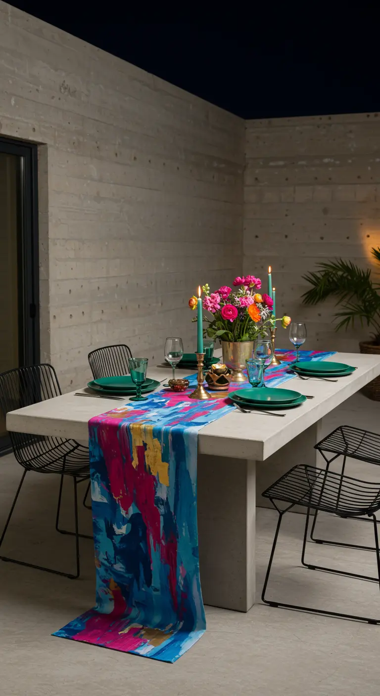 Table en béton moderne avec un chemin de table à peinture abstraite colorée.