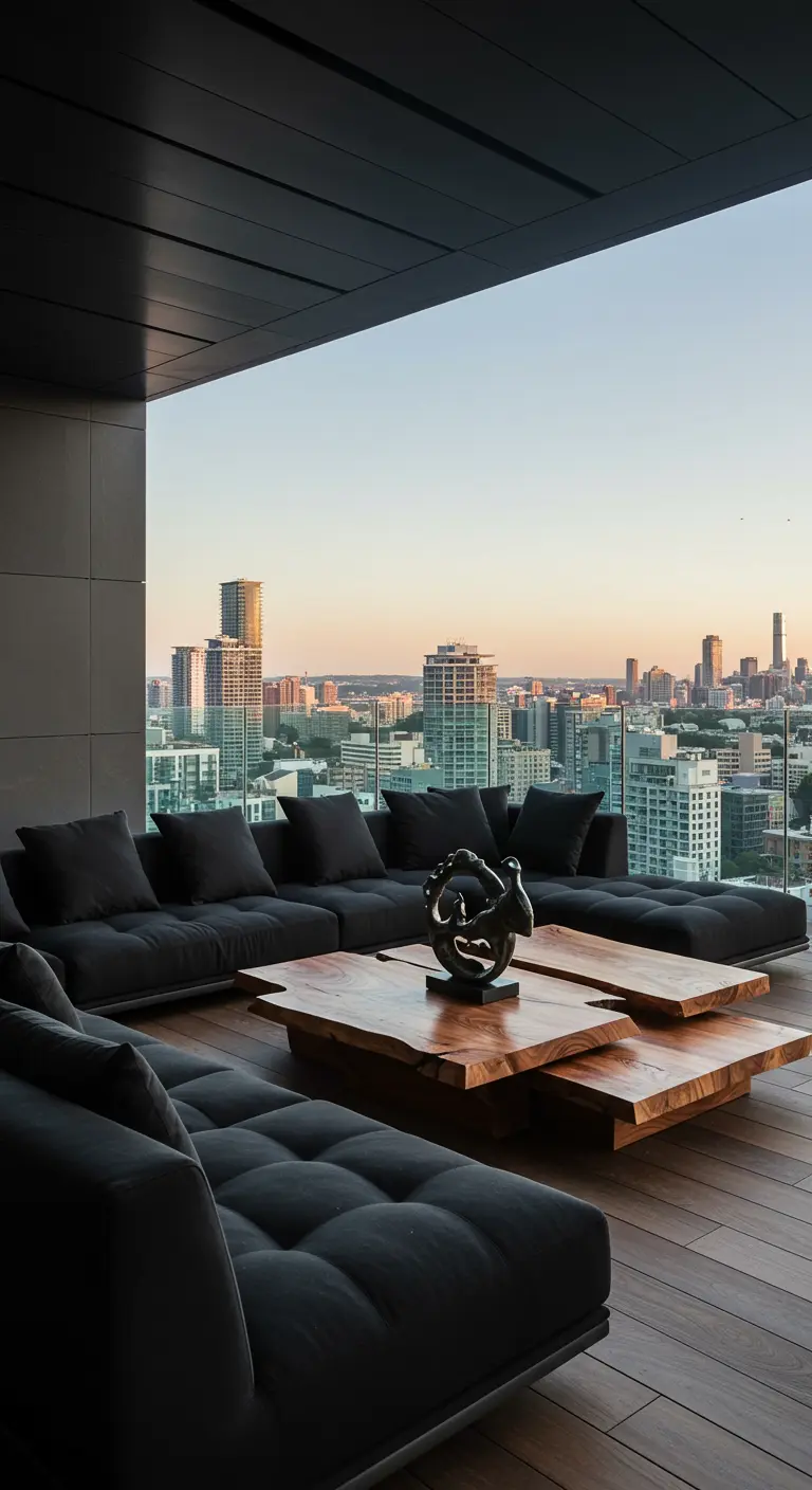 Grand salon modulable noir sur un balcon de gratte-ciel au coucher du soleil.