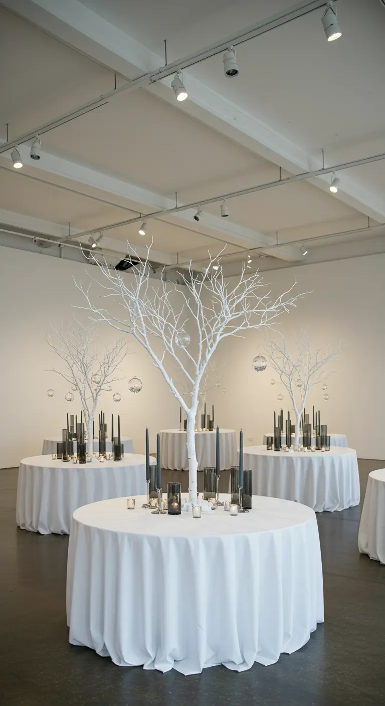 Tables de mariage blanches avec des arbres blancs et des bougies noires dans un espace épuré.