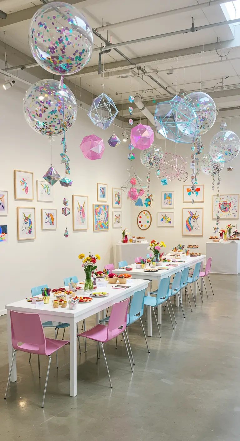 Salle d'exposition avec des œuvres d'art licorne, longues tables, chaises colorées et ballons confettis.