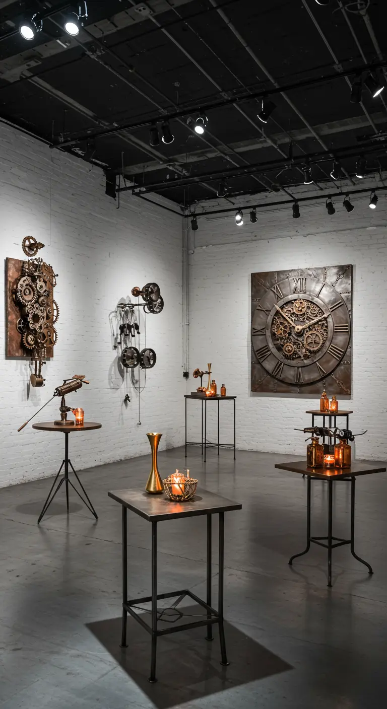 Galerie d'art Steampunk avec des œuvres murales d'engrenages, des tables hautes et des objets décoratifs.