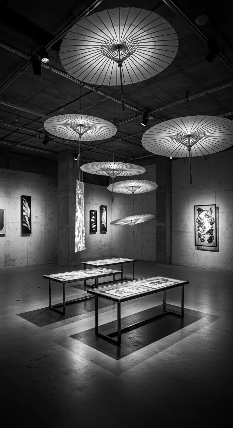 Galerie d'art minimaliste en noir et blanc, avec des ombrées chinoises suspendues comme des sculptures lumineuses.