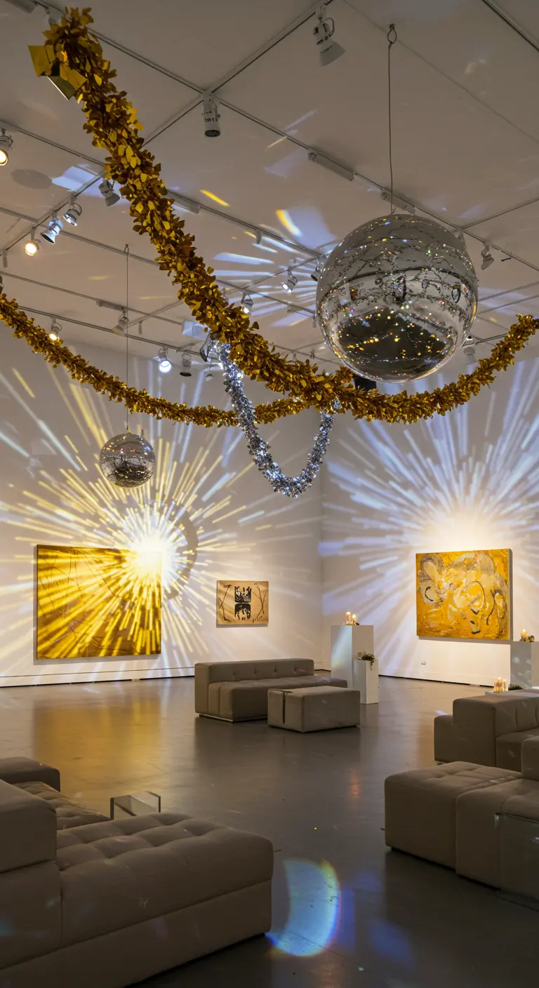 Galerie d'art avec des projections lumineuses sur les murs, guirlandes dorées et argentées, et boules miroir.
