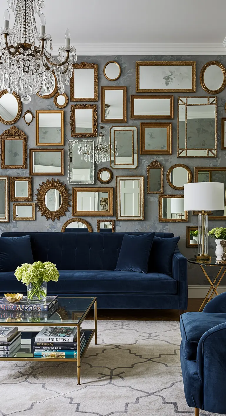 Mur gris foncé recouvert d'une multitude de miroirs aux cadres dorés, au-dessus d'un canapé bleu velours.