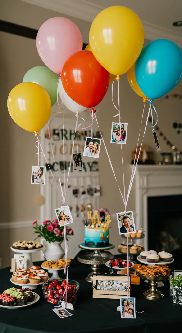 Bouquet de ballons colorés avec des photos de souvenirs accrochées aux fils.
