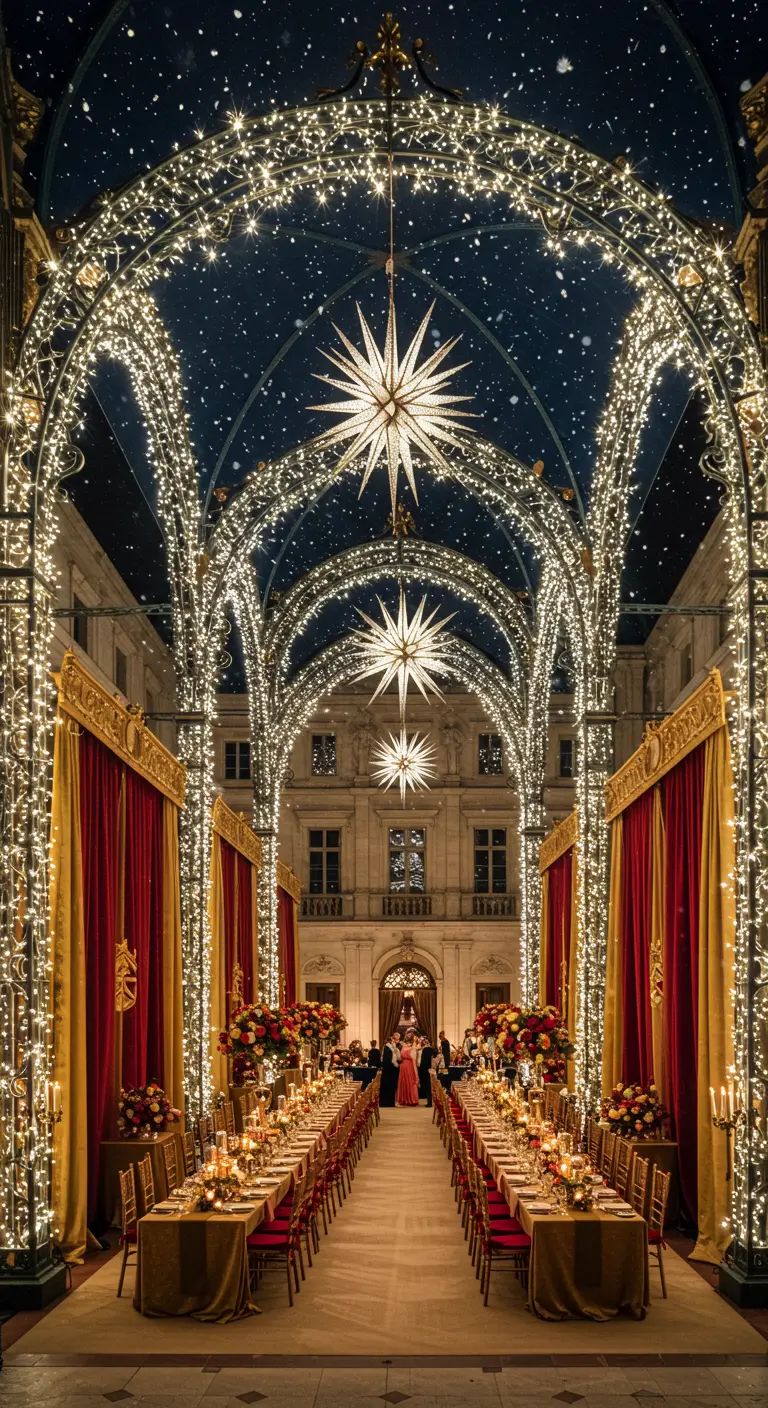 Galerie intérieure décorée d'arches lumineuses, d'un ciel étoilé et de tables de banquet élégantes.