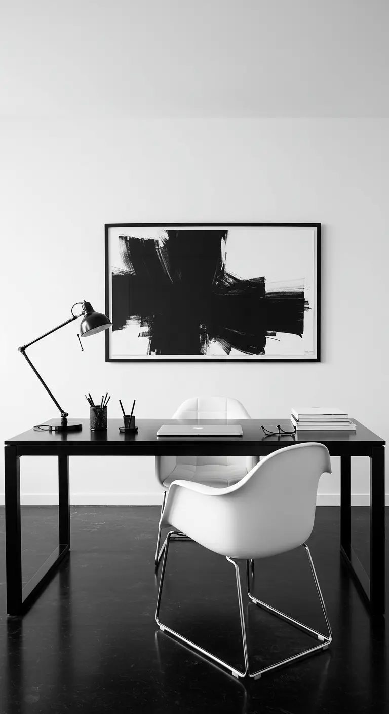 Bureau noir minimaliste devant un mur blanc avec une grande œuvre d'art abstraite.