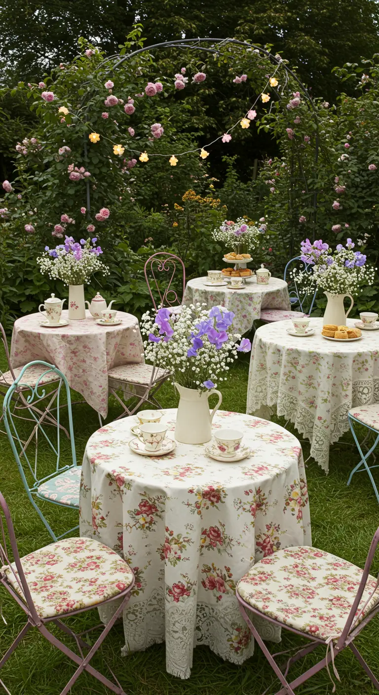 Plusieurs petites tables rondes dressées dans un jardin fleuri pour une garden party.